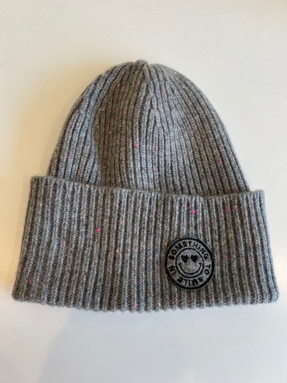 Something Navy 100% Cashmere Grey Confetti Ribbed Beanie Smiley Face Patch